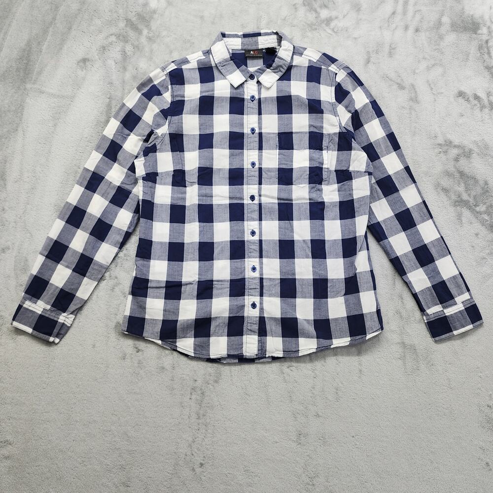 ALC Plaid Long Sleeve Button Front Top Size M Blue White Lightweight Cotton